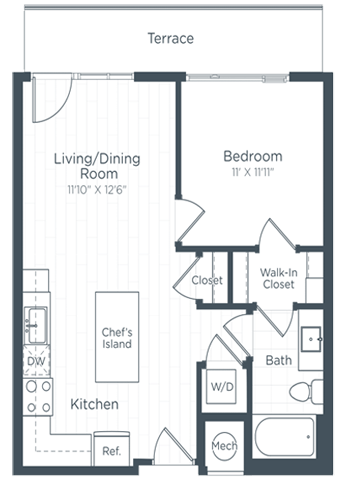 Floor plan for 1 bed, 1 bath, 644 sqft